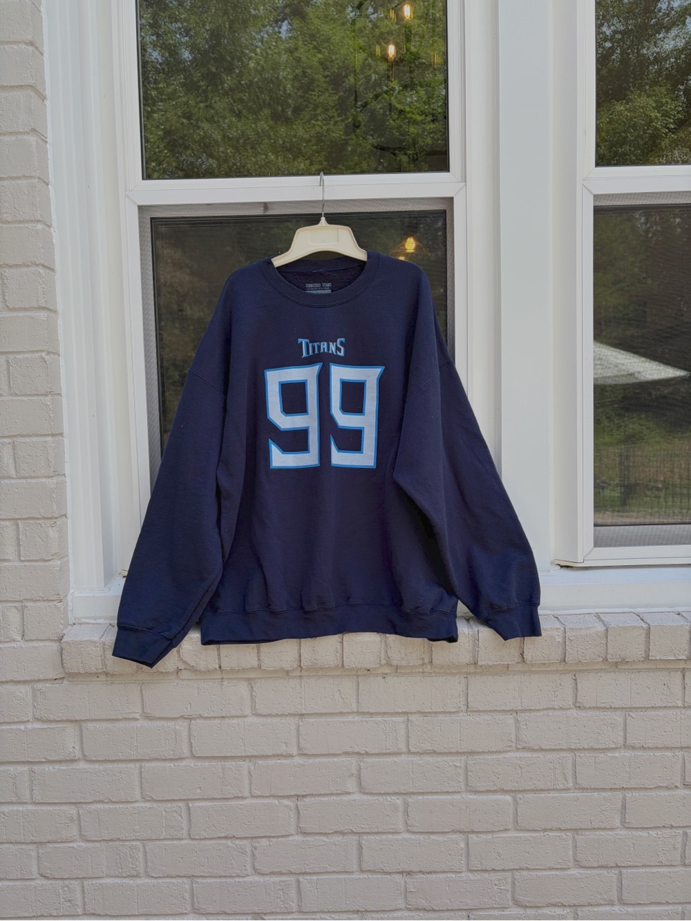Titan Men's Navy Crewneck Sweatshirt with Light Blue '99'